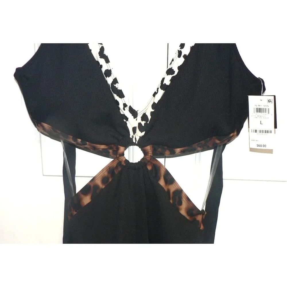Bar III Women's In My Skin Ring One-Piece Swimsuit in Natural Black Animal Large